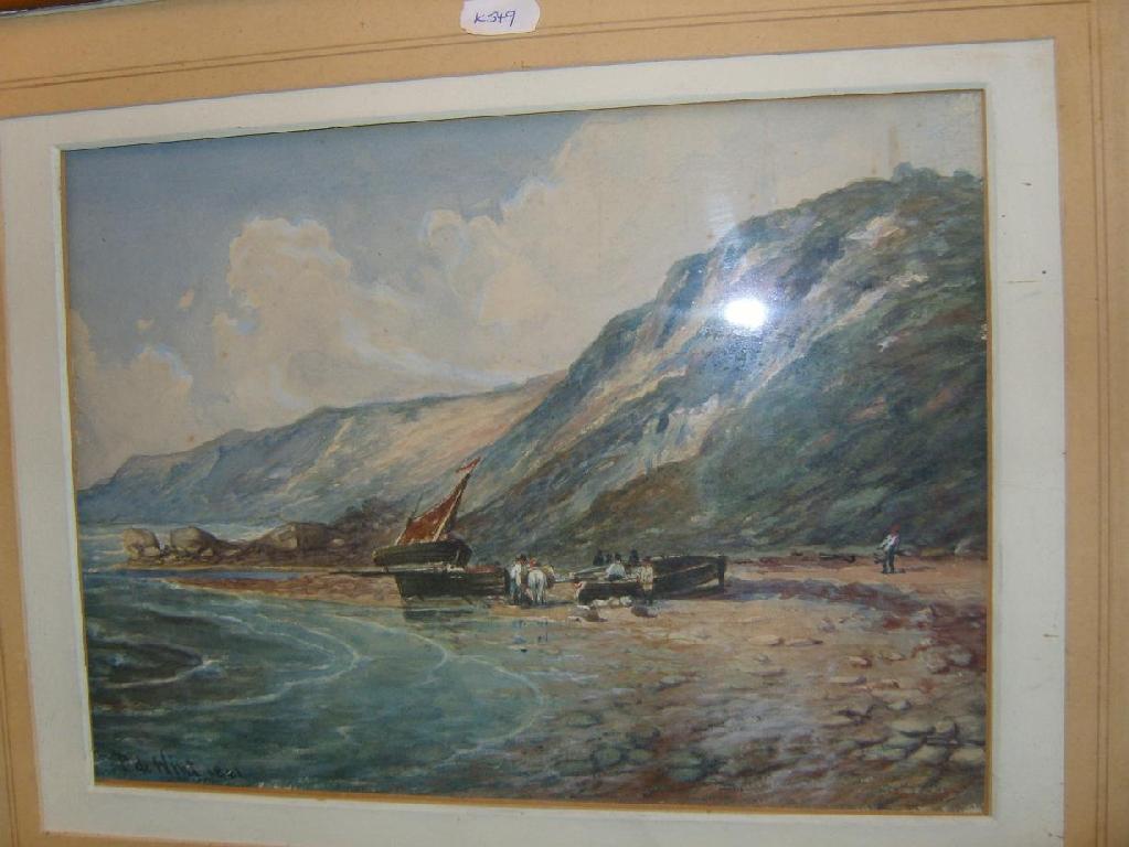 Appraisal: A th century watercolour of a coastal scene with fishermen