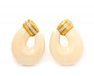 Appraisal: A Pair of Karat Yellow Gold Coral and Diamond Earclips