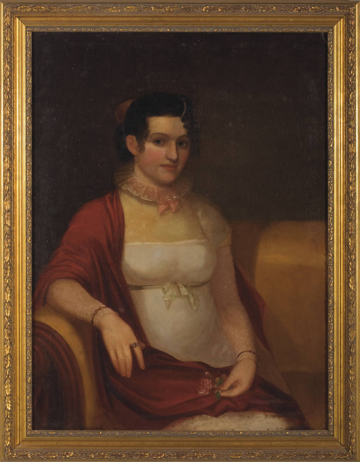 Appraisal: PORTRAIT OF A DARK-HAIRED WOMAN IN WHITE WEARING A RED