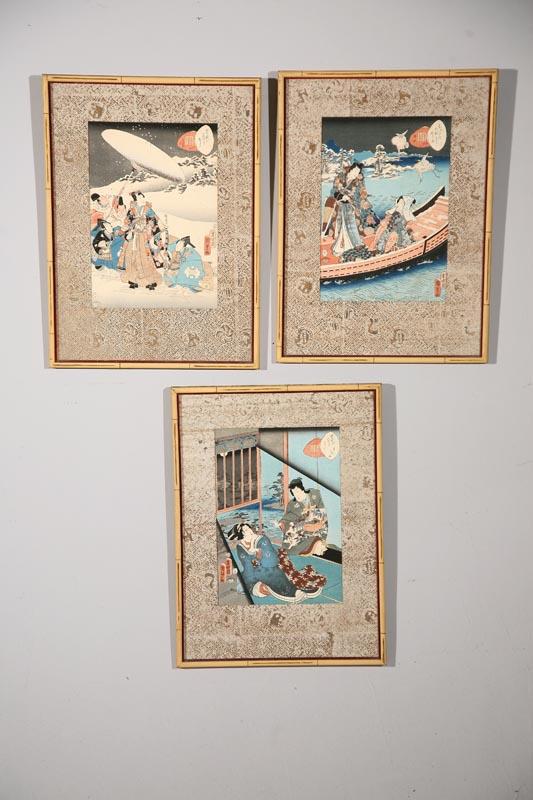 Appraisal: FIVE WOODBLOCK PRINTS Japan Three prints are signed Kunisada II