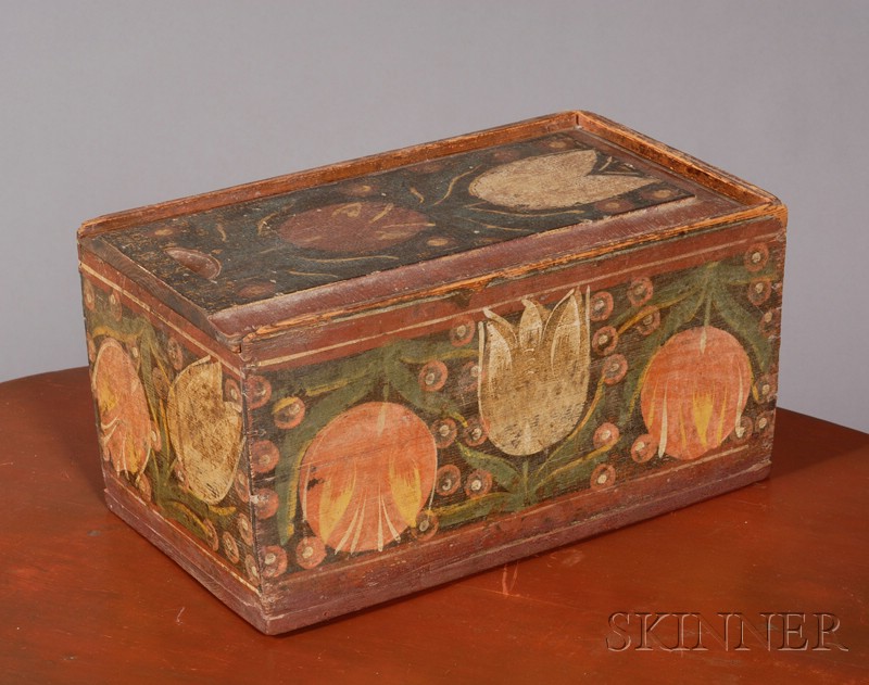 Appraisal: Polychrome Paint-decorated Slide-lid Box with Tulip Motifs northern Europe th