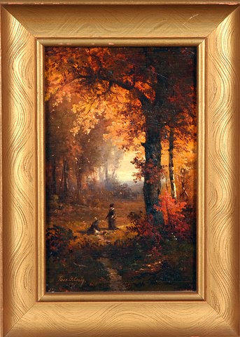 Appraisal: Autumn scene with two figures among wooded landscape oil on