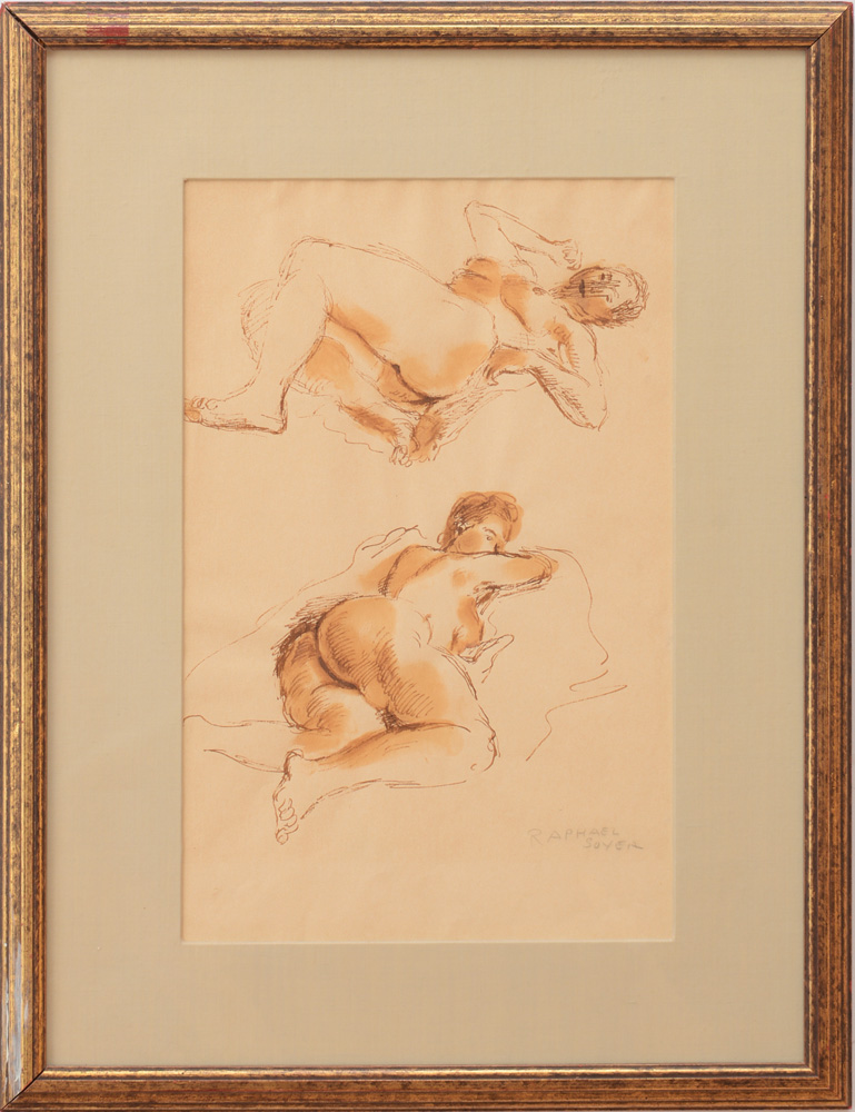 Appraisal: RAPHAEL SOYER - STUDY NO WITH TWO RECLINING NUDES Sepia