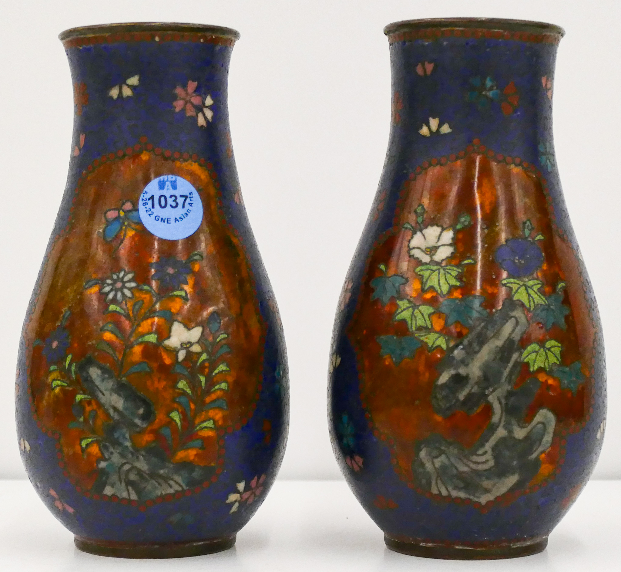 Appraisal: Pair Meiji Japanese Floral Blue Cloisonne Vases ''