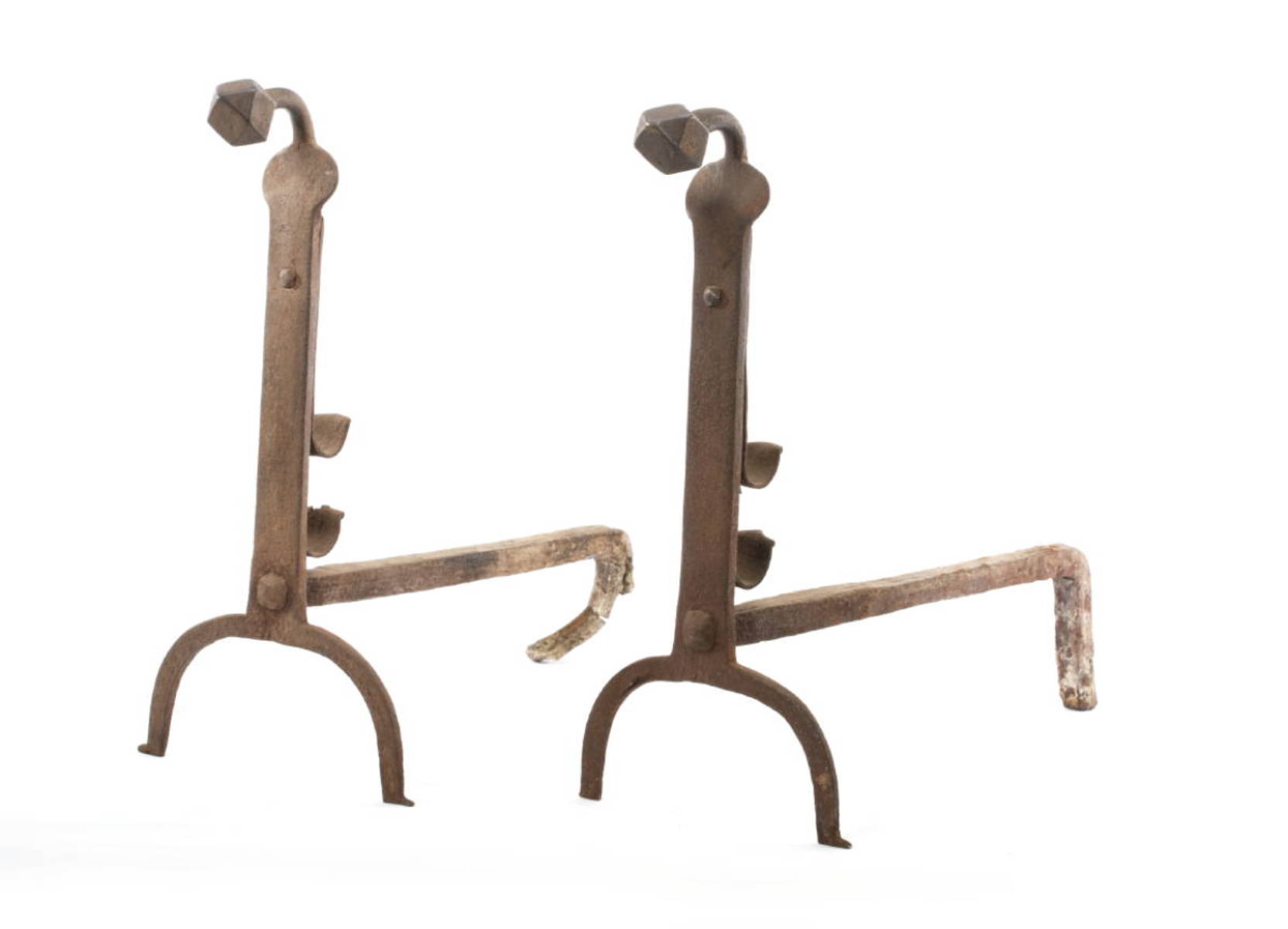 Appraisal: PAIR OF WROUGHT IRON GOOSENECK ANDIRONS WITH NAIL HEADS AND