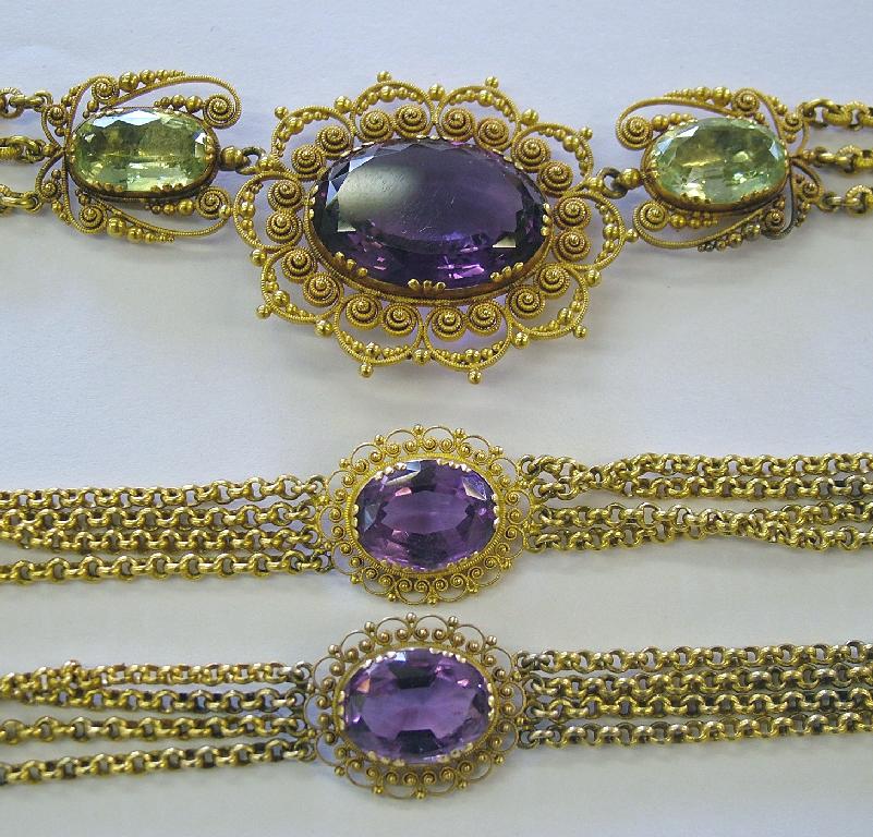 Appraisal: Fine ct amethyst and aquamarine Cannetille necklace gm together with