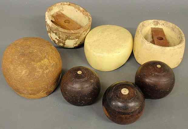 Appraisal: Three bocce balls dia And four composition and wood hat