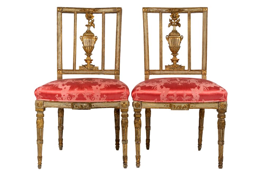 Appraisal: PAIR OF NEOCLASSIC PAINTED GILT SIDE CHAIRSeach with splat carved