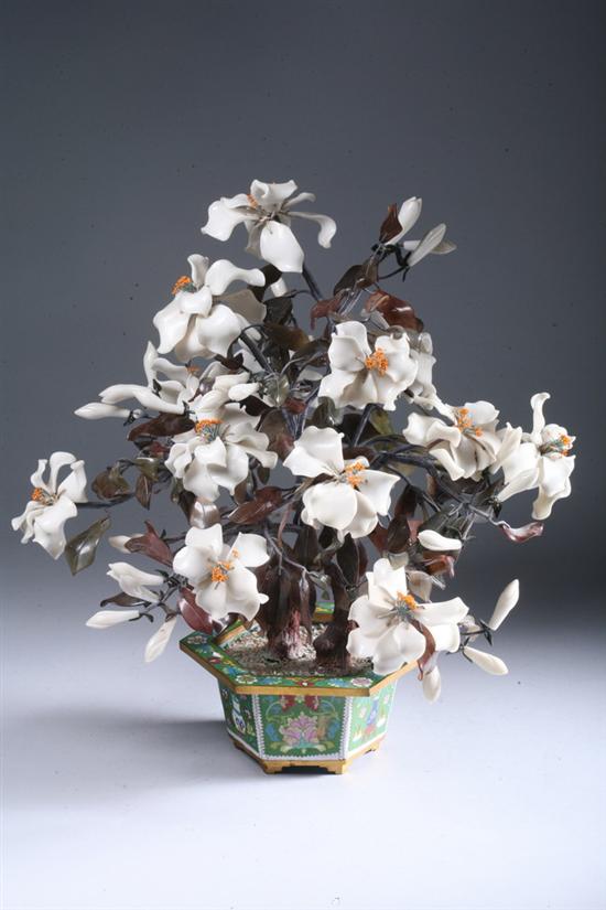 Appraisal: CHINESE WHITE JADE AND CLOISONN JARDINI RE Flower-filled jardini re