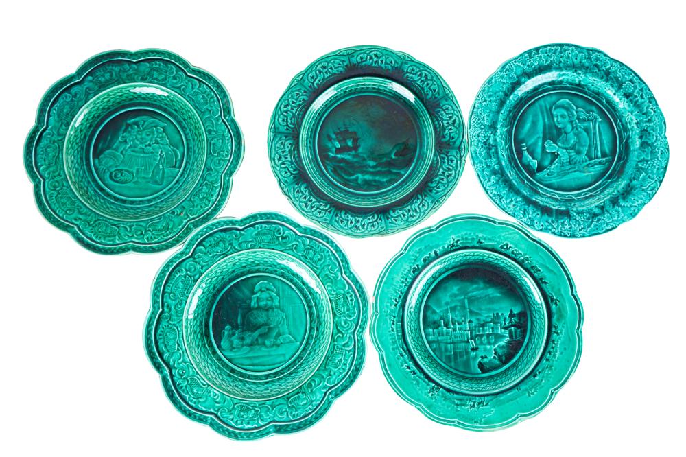 Appraisal: ELEVEN RUBELLES FRENCH FAIENCE PLATESwith various impressed Rubelles marks green-glazed