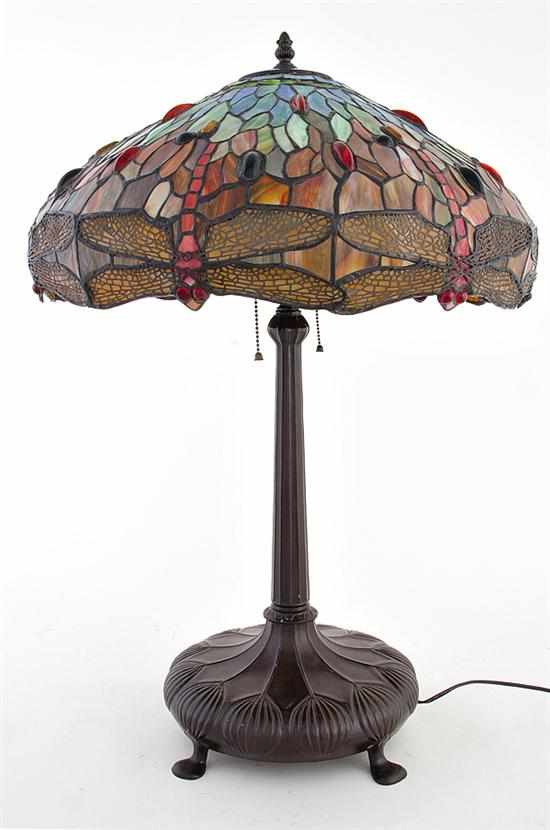 Appraisal: Tiffany Studios style Dragonfly table lamp jeweled vibrant stained glass