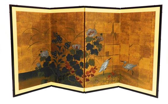 Appraisal: ASIAN Post WWII Japanese four-panel folding table screen watercolor on