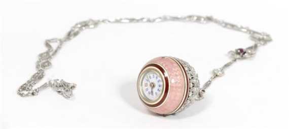 Appraisal: ENAMEL AND DIAMOND PENDANT-WATCH WITH CHAIN ca Platinum and yellow