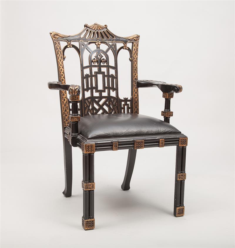 Appraisal: Chinese Chippendale Style Ebonized and Parcel-Gilt Armchair Modern x x