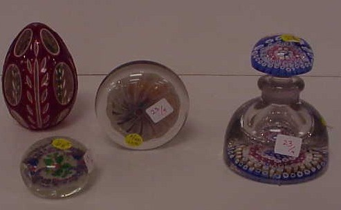 Appraisal: Millefiori paperweight style perfume bottle and three glass paperweights an