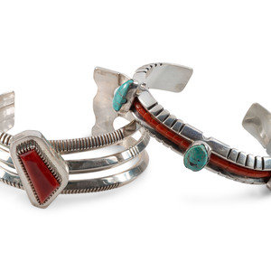 Appraisal: Navajo Silver Turquoise and Coral Contemporary Cuff Bracelets second half