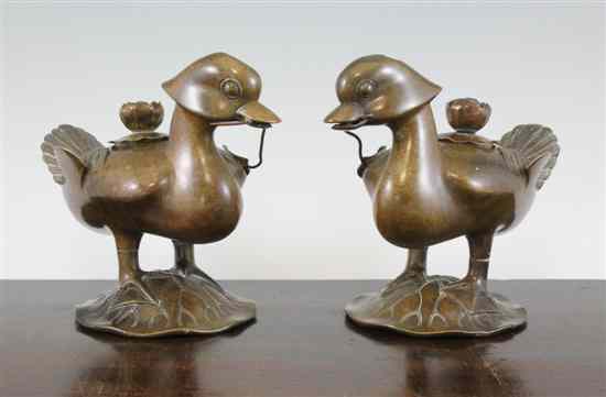 Appraisal: A pair of Chinese bronze mandarin duck censers and covers