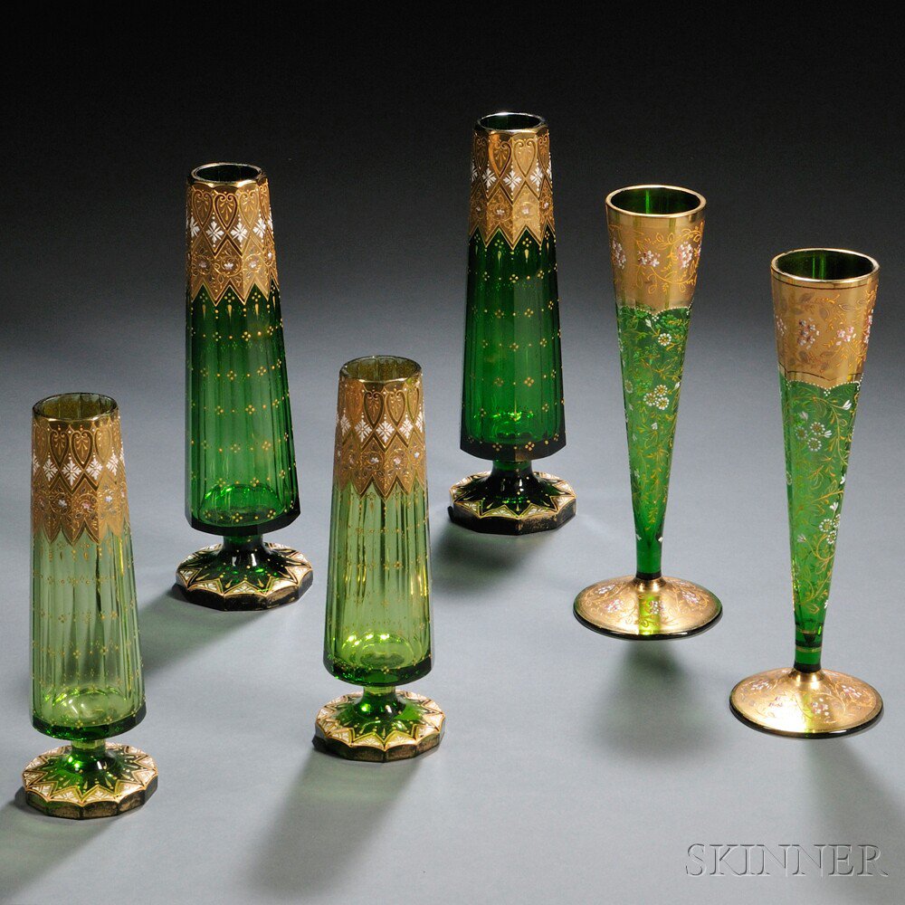 Appraisal: Six Bohemian Moser-type Green Glass Vases th century each gilded