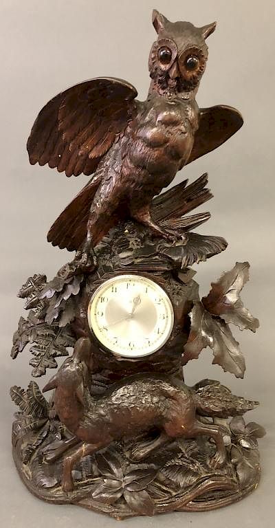 Appraisal: Black Forest Clock with Carved Owl and Wolf Black Forest