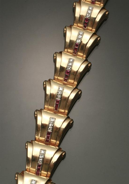 Appraisal: Retro Tested -Karat Yellow-Gold Diamond and Ruby Bracelet Circa Set