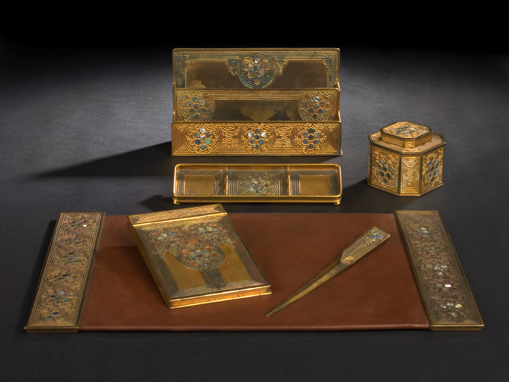 Appraisal: Good Six-Piece Tiffany Studios New York Mother-of-Pearl-Inlaid Gilt-Bronze Desk Set