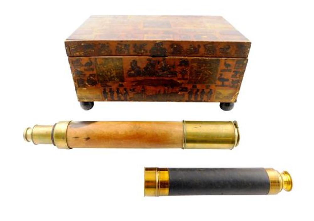 Appraisal: Two small telescopes and small box with cigar labels all