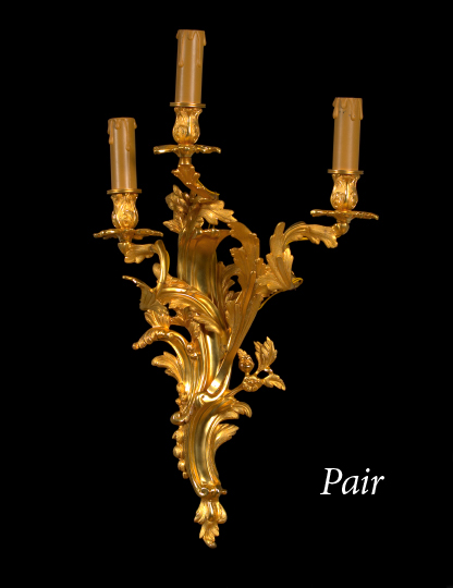 Appraisal: Large Pair of French Gilt-Lacquered Brass Three-Light Appliques in the