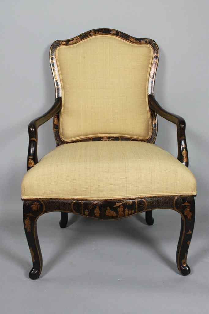 Appraisal: PORTUGUESE STYLE QUEEN ANNE BLACK LACQUER CHINOISERIE DECORATED ARMCHAIR with