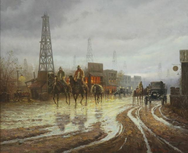 Appraisal: Framed oil on canvas painting after Boomtown Drifters signed lower