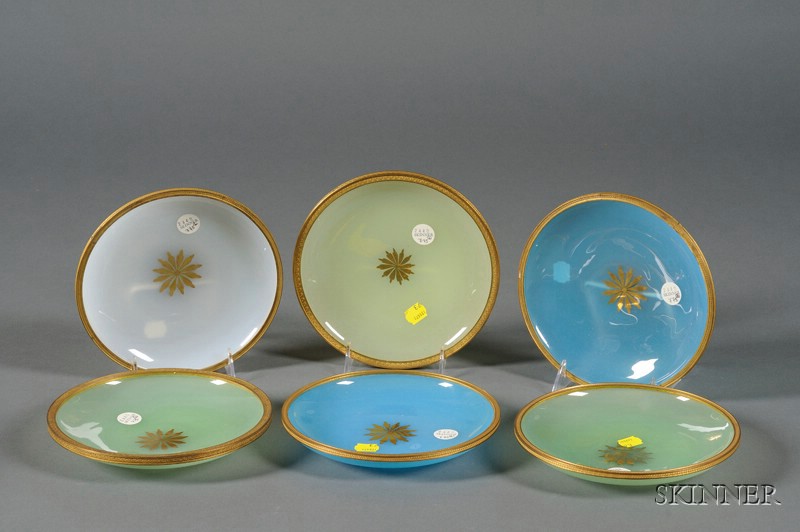 Appraisal: Set of Six Empire-style Brass-mounted and Gilded Opalescent Glass Shallow