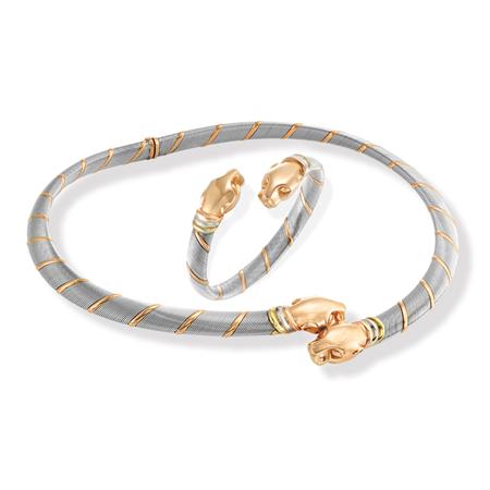 Appraisal: Stainless Steel and Gold Panther Head Necklace and Bangle Bracelet