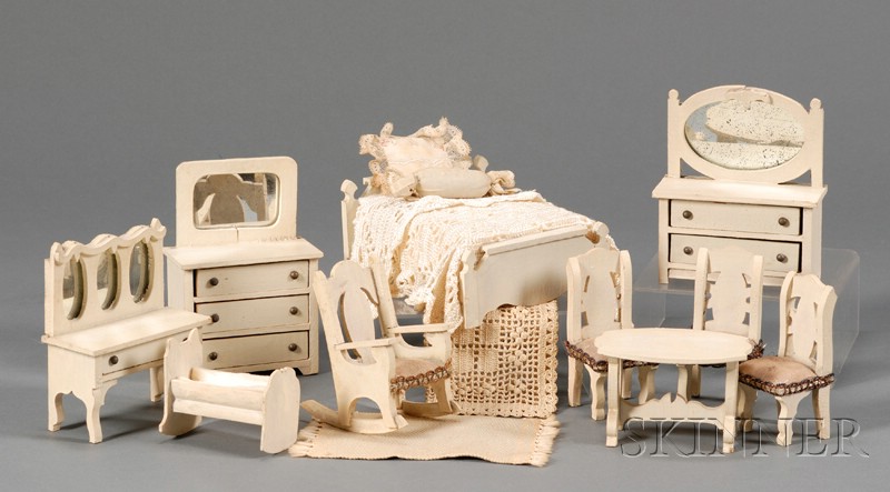 Appraisal: Group of Cream-Ppainted Dollhouse Furniture Germany early th century bed