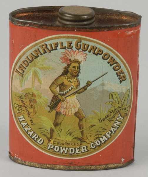 Appraisal: Indian Rifle Gun Powder Tin Description Depicting an Indian holding