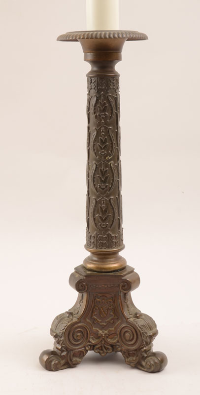 Appraisal: Continental Baroque Style Metal Pricket Stick Lamp With a leaf