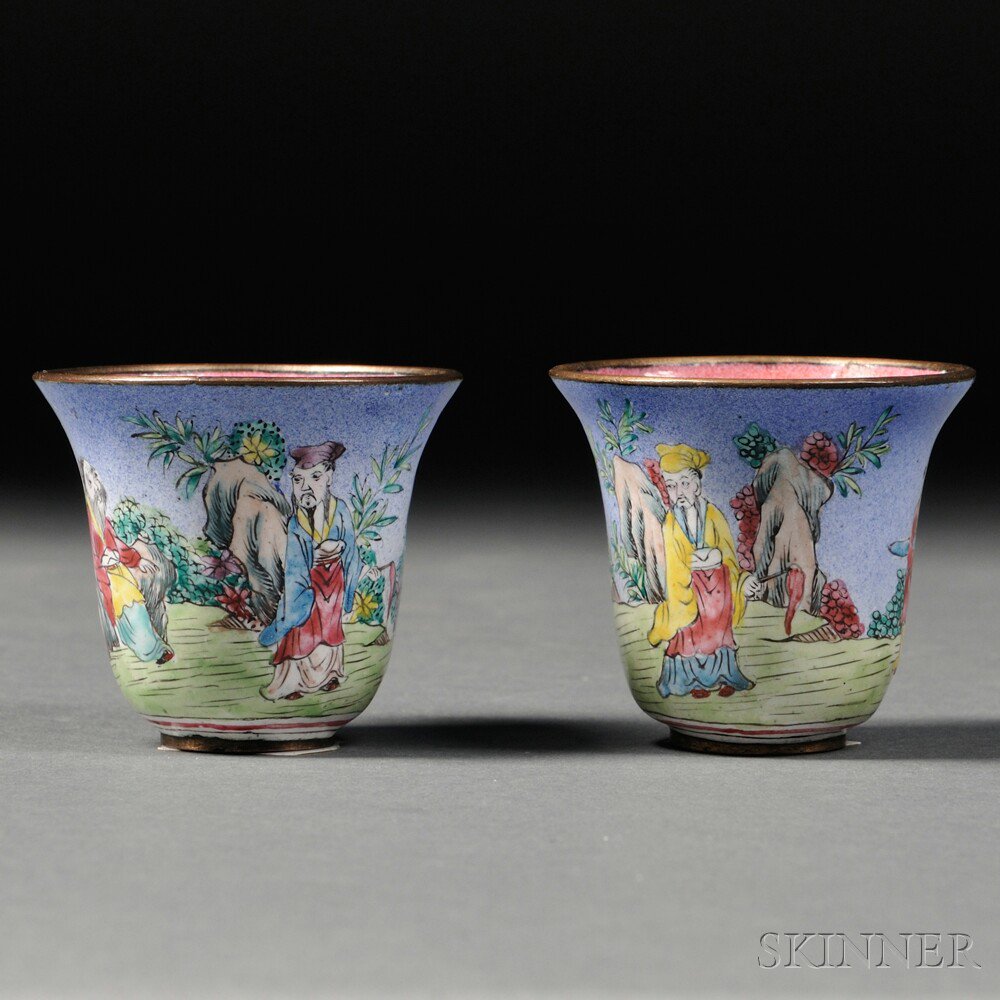 Appraisal: Pair of Canton Enamel Teacups China th th century inverted