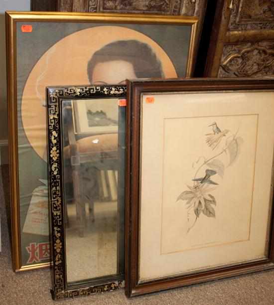 Appraisal: J Gould framed ornithological print Japanese Export lacquered mirror and