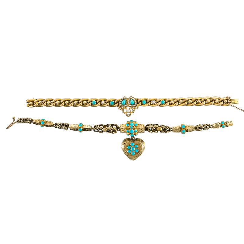 Appraisal: TWO VICTORIAN GOLD AND TURQUOISE LINK BRACELETS k yg barrels