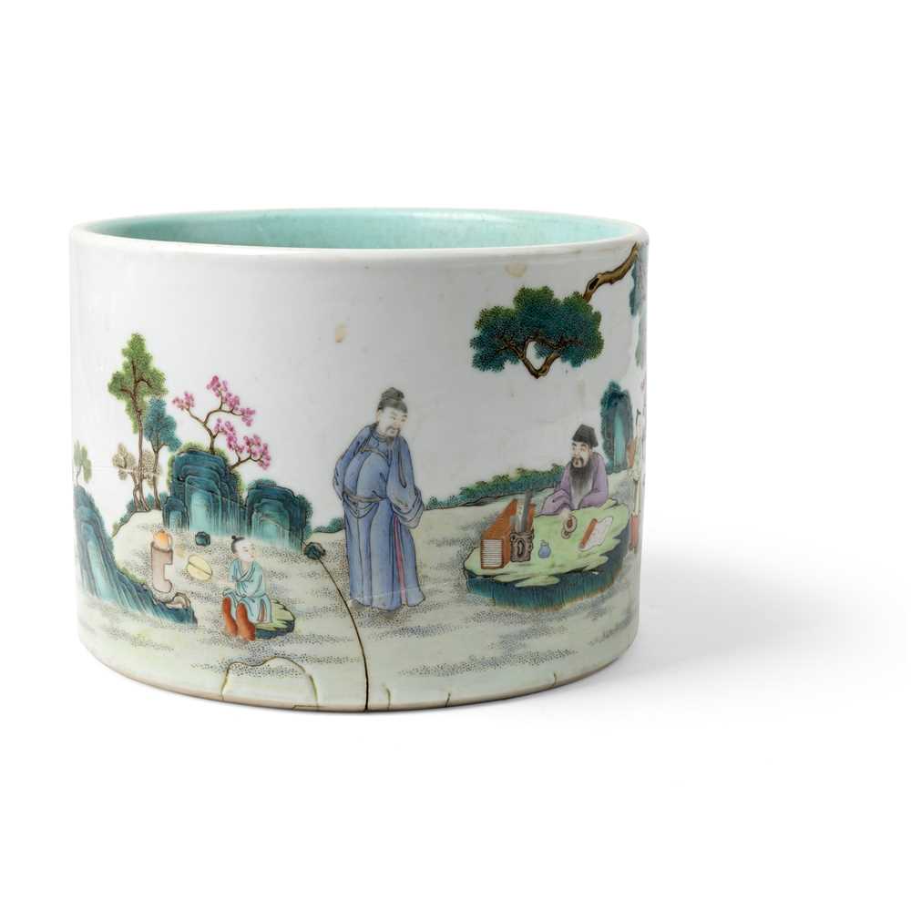 Appraisal: FAMILLE ROSE 'WINE AND TEA DRINKING' BRUSH POT QING DYNASTY