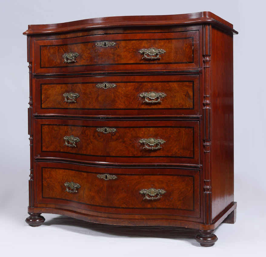 Appraisal: SERPENTINE BURL DRAWER DRESSER Mahogany case with serpentine top and