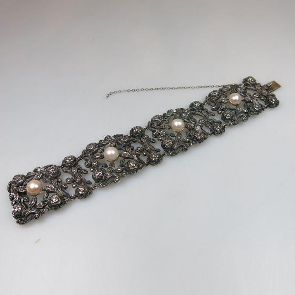 Appraisal: Grade Silver Ornate Bracelet set with cultured pearls and marcasites