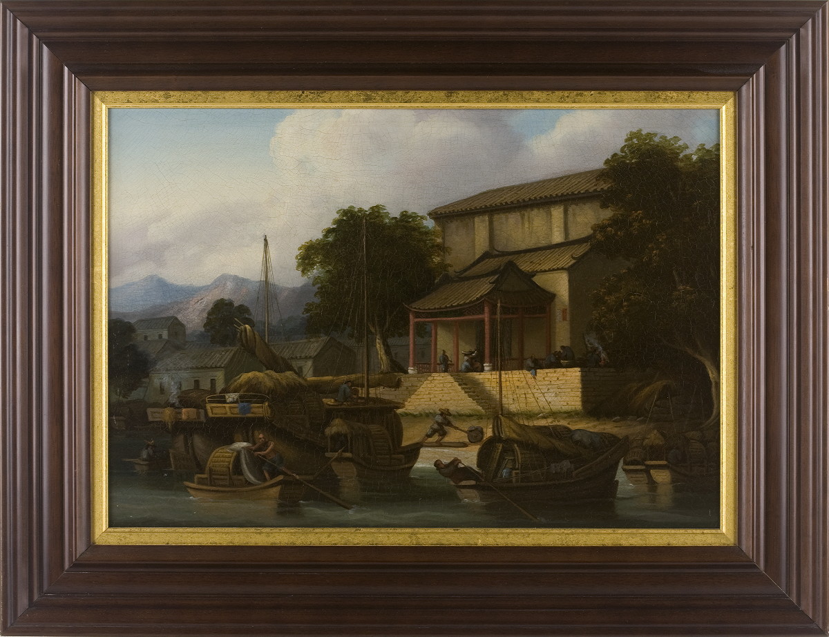 Appraisal: CHINESE RIVERBANK WITH SAMPANS AND JUNKS CIRCLE OF GEORGE CHINNERY