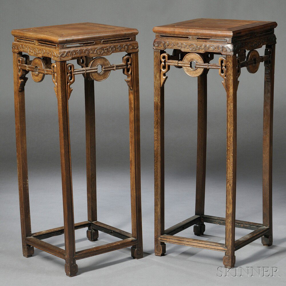 Appraisal: Pair of Jichimu Stands China top panel set in curved