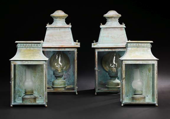 Appraisal: Large Pair of English Verdigris-Patinated Copper Kerosene Entrance Lanterns now