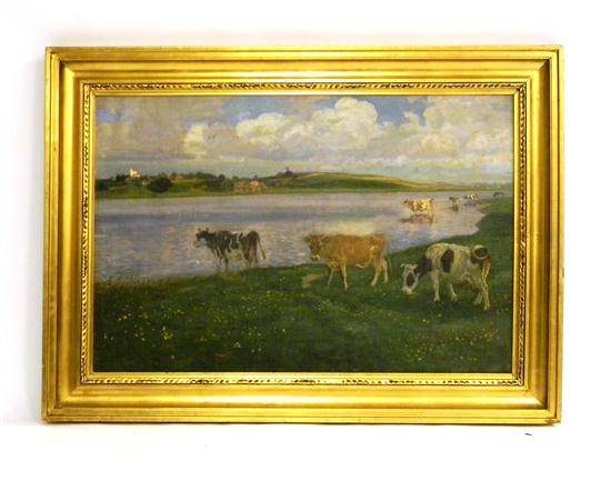 Appraisal: Early th century oil on canvas depicting cows grazing in