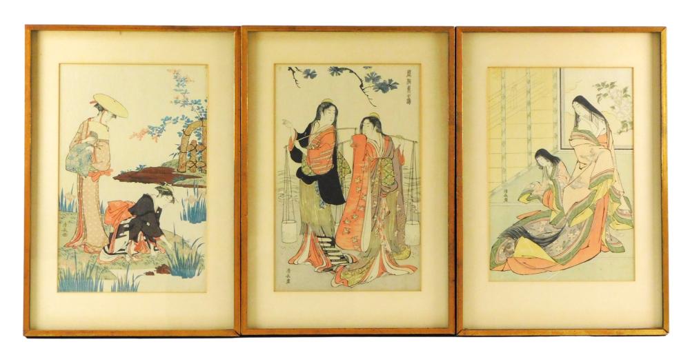 Appraisal: TORII KIYONAGA JAPANESE - THREE COLOR WOODBLOCK PRINTS ALL LATER