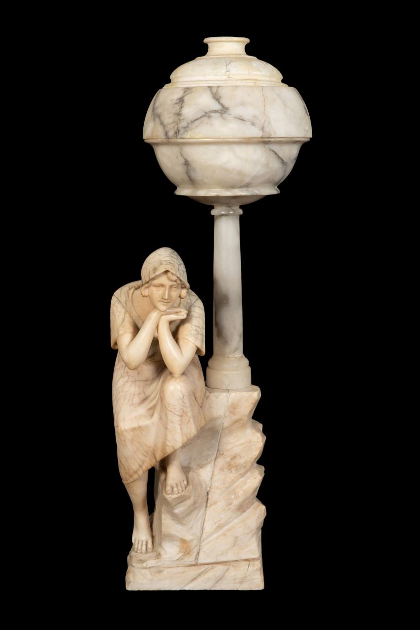 Appraisal: ITALIAN ALABASTER SEATED MAIDEN ON WALL LAMP Italian carved alabaster