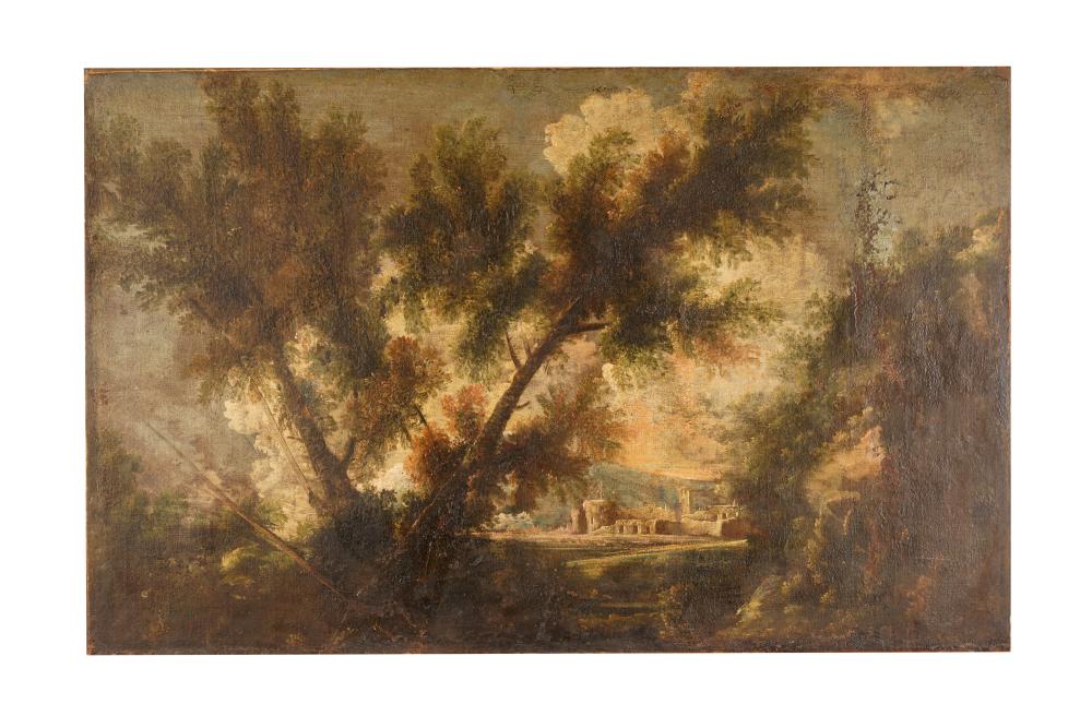 Appraisal: UNKNOWN ARTIST LANDSCAPE WITH RUINSoil on canvas affixed to wood