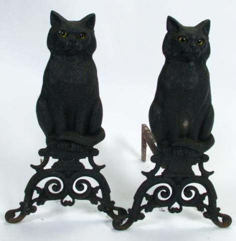 Appraisal: Pair of antique cast iron cat motif andirons inches high