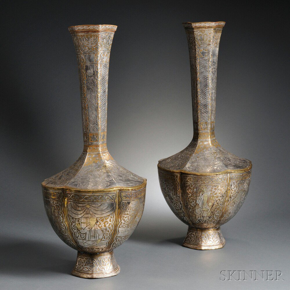 Appraisal: Near Pair of Monumental Damascene Vases th century paneled baluster