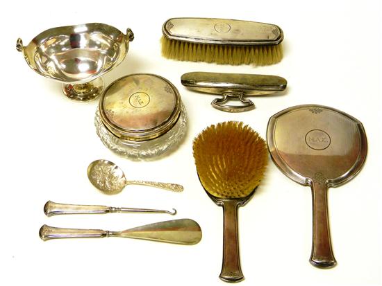 Appraisal: SILVER nine pieces marked sterling hallmarks vanity set monogrammed ''MAE''